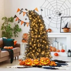 Tangkula 6/7 FT Artificial Halloween Tree Pre-Lit Black Christmas Tree W/ Bendable Top Section