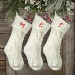 Personalization Mall Cozy Cable Knit Embroidered Initial Stocking, Ivory