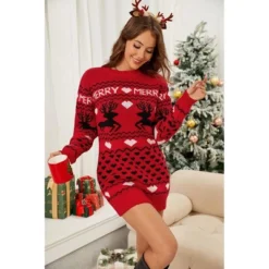 Coolmee Women's Knit Dresses Long Sleeve Casual Crew Neck Bodycon Dresses Jacquard Reindeer Slim Fit Fall Winter Christmas Outfits S Red