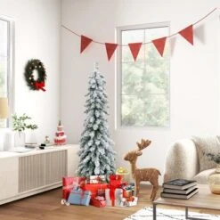 Costway 4 FT/5FT/6FT Pre-Lit Slim Christmas Tree Flocked Xmas Decoration 11 Modes 100 LED Lights -Northlight Decor Sale GUEST 152f23f1 9d26 40c4 b085 2237dda300ba