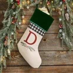 Personalization Mall Festive Foliage Initial Christmas Stocking, Green