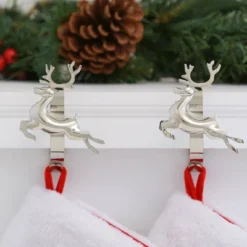 Original MantleClip 2ct Christmas Stocking Holder With Reindeer Icons Silver: Fits Up To 3" Mantels, Protective Pads