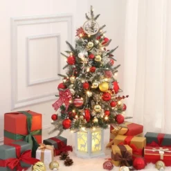 Homhougo 3FT Snow Flocked Mini Christmas Tree With Berry Clusters And Potted Base, Ideal For Table Or Front Porch Use