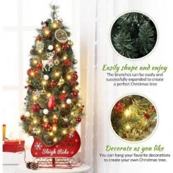 Christmas Tree With 85 Lights, Pre-Lit Artificial Mini Christmas Tree With 8 Mode Includes Red Berries & Sleigh Base For Front Door, Porch