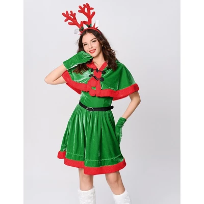Costume For Women Santa Christmas Costume Velvet Dress Outfit With Belt Shawl Gloves Headband 3 Costume For Women Santa Christmas Costume Velvet Dress Outfit With Belt Shawl Gloves Headband