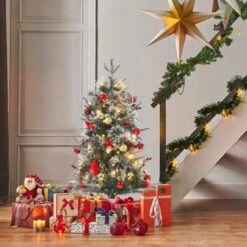 3ft Small Christmas Tree Pre-Lit Artificial Christmas Tree With 78 Led Lights, Snow Flocked Xmas Tree W/Base, Timer Function, Battery Operated