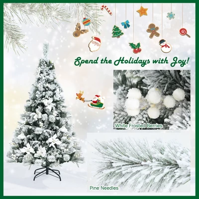 Costway 5ft/6ft/7ft/8ft Snow Flocked Hinged Christmas Tree W/ Berries & Poinsettia Flowers 9 Costway 5ft/6ft/7ft/8ft Snow Flocked Hinged Christmas Tree W/ Berries & Poinsettia Flowers - Image 7