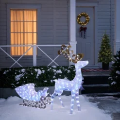 LuxenHome 2-Piece White Reindeer And Sleigh With Silver Bow And Ornaments Outdoor Holiday Decoration With Lights White, Multi, Silver, Brown -Northlight Decor Sale GUEST 430197c2 2eee 41e9 8739 97b3b91b7ff2