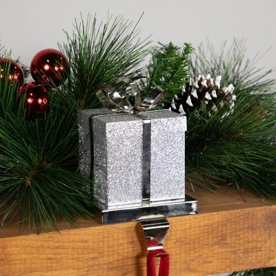 Northlight 5.5" Silver Glitter Gift Box With Bow Christmas Metal Stocking Holder 4 Northlight 5.5" Silver Glitter Gift Box With Bow Christmas Metal Stocking Holder - Image 2