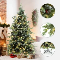 LuxenHome 6Ft Pre-Lit Green Full Artificial Christmas Tree With Red Berries And Metal Stand