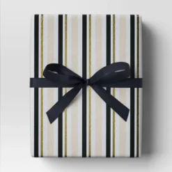 30” 90 Sq Ft Christmas Roll Wrap Blush/Black/Gold Stripes On Cream - Wondershop™