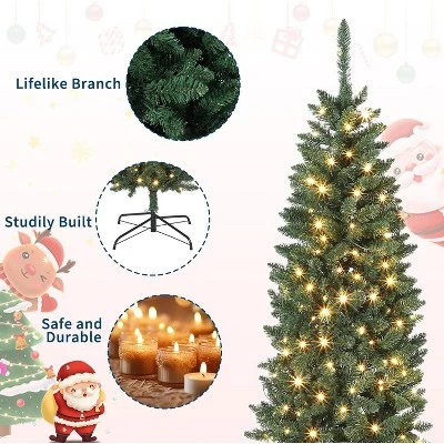 6/7.5/9/12ft Pencil Artificial Christmas Tree With LED Lights, Mixed PVC Flocked, Slim Prelit Tree, Easy Assembly, Indoor Outdoor Holiday Decoration 4 6/7.5/9/12ft Pencil Artificial Christmas Tree With LED Lights, Mixed PVC Flocked, Slim Prelit Tree, Easy Assembly, Indoor Outdoor Holiday Decoration - Image 2
