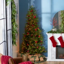 National Tree Company Feel Real Montgomery Clear Prelit Flat Back Half Christmas Tree With Clear Lights & Metal Base, Hinged Easy Assembly