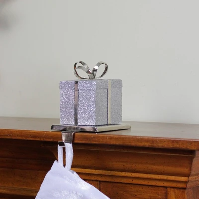 Northlight 5.5" Silver Glitter Gift Box With Bow Christmas Metal Stocking Holder 6 Northlight 5.5" Silver Glitter Gift Box With Bow Christmas Metal Stocking Holder - Image 4