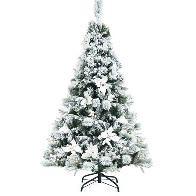 Costway 5ft/6ft/7ft/8ft Snow Flocked Hinged Christmas Tree W/ Berries & Poinsettia Flowers 11 Costway 5ft/6ft/7ft/8ft Snow Flocked Hinged Christmas Tree W/ Berries & Poinsettia Flowers - Image 9