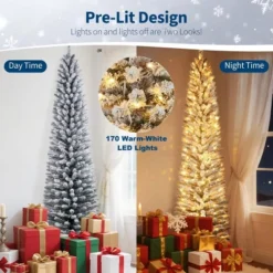 Artificial Christmas Tree – Snow Flocked Full Tree With Warm Incandescent Lights, Branch Tips & Foldable Stand, Holiday Decoration For Home & Party