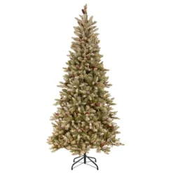 National Tree Company 7.5' PreLit Dunhill Fir Slim Flocked Red Berry Pinecone Hinged Artificial Christmas Tree