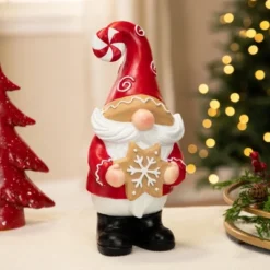 Northlight Gnome Holding Gingerbread Snowflake Cookie Christmas Decoration - 11.5" - Red