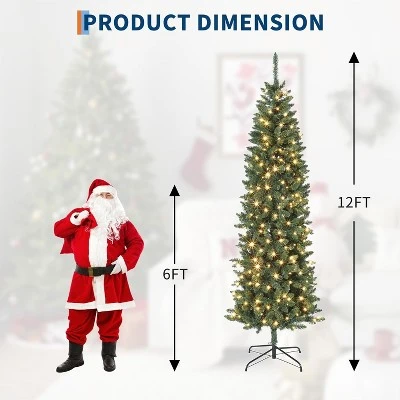 6/7.5/9/12ft Pencil Artificial Christmas Tree With LED Lights, Mixed PVC Flocked, Slim Prelit Tree, Easy Assembly, Indoor Outdoor Holiday Decoration 3 6/7.5/9/12ft Pencil Artificial Christmas Tree With LED Lights, Mixed PVC Flocked, Slim Prelit Tree, Easy Assembly, Indoor Outdoor Holiday Decoration