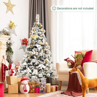 Costway 5ft/6ft/7ft/8ft Snow Flocked Hinged Christmas Tree W/ Berries & Poinsettia Flowers 3 Costway 5ft/6ft/7ft/8ft Snow Flocked Hinged Christmas Tree W/ Berries & Poinsettia Flowers