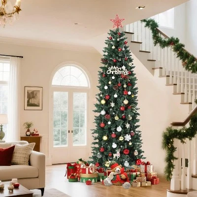 6/7.5/9/12ft Pencil Artificial Christmas Tree With LED Lights, Mixed PVC Flocked, Slim Prelit Tree, Easy Assembly, Indoor Outdoor Holiday Decoration 10 6/7.5/9/12ft Pencil Artificial Christmas Tree With LED Lights, Mixed PVC Flocked, Slim Prelit Tree, Easy Assembly, Indoor Outdoor Holiday Decoration - Image 8