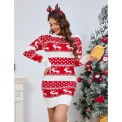 Coolmee Women's Ugly Christmas Crew Neck Sweater Dress Long Sleeve Holiday Knit Xmas Mini Dress