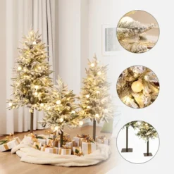 LuxenHome 3-Piece Pre-Lit Snowy Branches Artificial Christmas Tree Set With Metal Base Green