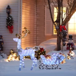 LuxenHome 2-Piece White Reindeer And Sleigh With Silver Bow And Ornaments Outdoor Holiday Decoration With Lights White, Multi, Silver, Brown -Northlight Decor Sale GUEST d2772003 aee7 474a aa62 e9ee86a5a332