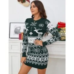 Women's Cute Ugly Christmas Sweater Dress Long Sleeve Crew Neck Pullover Reindeer Snowflakes Printed Holiday Mini Sweater Dress -Northlight Decor Sale GUEST d92ff49e 7168 458e b501 52037bb84c72