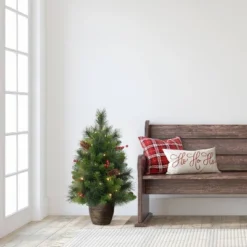 2ft Puleo Pre-Lit Tabletop Artificial Christmas Tree: Gold Base, Clear Lights, Hinged Branches, Indoor Use, 35 Bulbs