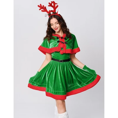 Costume For Women Santa Christmas Costume Velvet Dress Outfit With Belt Shawl Gloves Headband 4 Costume For Women Santa Christmas Costume Velvet Dress Outfit With Belt Shawl Gloves Headband - Image 2