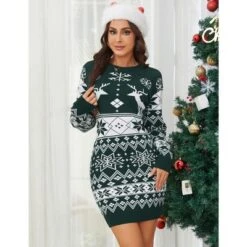 Women's Cute Ugly Christmas Sweater Dress Long Sleeve Crew Neck Pullover Reindeer Snowflakes Printed Holiday Mini Sweater Dress -Northlight Decor Sale GUEST e3f7086b a6d3 4c8a 9412 53fbbdeb248c