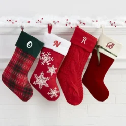 Personalization Mall Winter Classic Initial Quilted Stockings With Bow, Burgundy