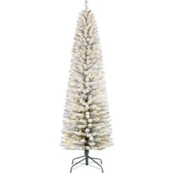 Acekool Snow Flocked Pencil Tree, PVC Mixed Flocked Needles, Hinged Slim Fir, Sturdy Base, Space Saving Corner Style