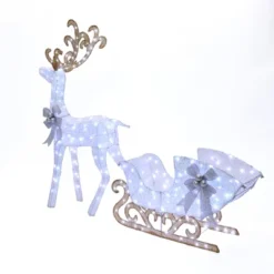 LuxenHome 2-Piece White Reindeer And Sleigh With Silver Bow And Ornaments Outdoor Holiday Decoration With Lights White, Multi, Silver, Brown -Northlight Decor Sale GUEST f45a5f61 f958 4428 b27c 044752801559