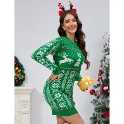 Clearlove Women's Ugly Christmas Sweater Long Sleeve Round Neck Slim Mini Dress