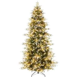 7.5ft Flocked Slim Christmas Tree - 240 Warm White Lights (8 Modes), PE+PVC Construction With Metal Stand