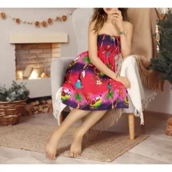 LA LEELA Women's Casual Beach Christmas A Line Slit Mini Dresses Tube Top Short Strapless Santa Dress For Women One Size Pink Santa Reindeer Sleigh